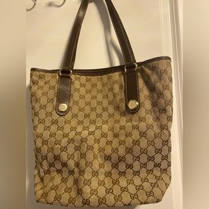 Brown&Beige Supreme Strapless Gucci Canvas HandleBag
Brown Leather Trim
